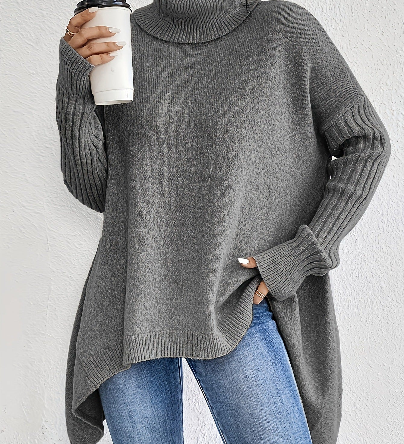 Irregular Turtleneck Sweater for Women – Loose Knitted Sweater with Long Sleeves