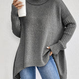 Irregular Turtleneck Sweater for Women – Loose Knitted Sweater with Long Sleeves