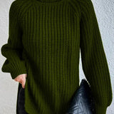 Turtleneck sweater for women with raglan sleeves and split hem