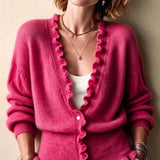 Women's cardigan with V-neck and frill hem - Soft and feminine