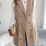 Women's Long Solid Colour Corduroy Gilet Jacket – Casual Double-Breasted Design with Pockets, Ideal for Layered Looks