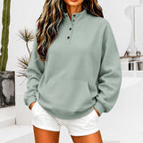 Casual button-up women's sweatshirt with a stand collar - Loose and comfortable