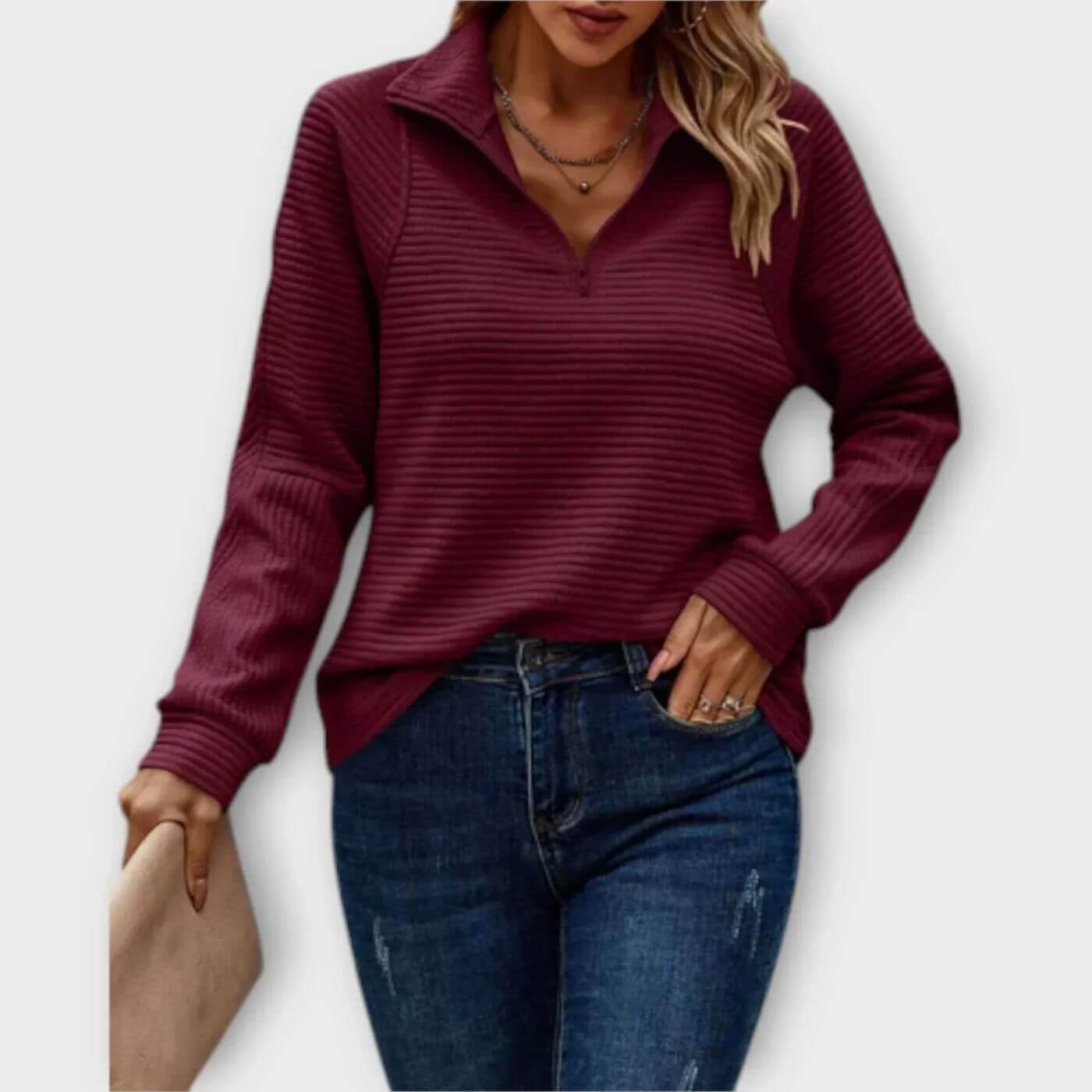 Ribbed half-zip sweater for women – Elegant V-neck knit sweater