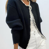 Women's Pearl-Embellished Knitted Cardigan – Elegant Long-Sleeve Cotton Blend Knitwear