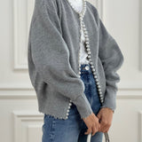 Knitted Cardigan for Women Adorned with Beads – Elegant Long-Sleeved Cotton Blend Knitwear