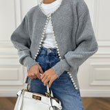 Women's Pearl-Embellished Knitted Cardigan – Elegant Long-Sleeve Cotton Blend Knitwear