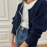 Knitted Cardigan for Women Adorned with Beads – Elegant Long-Sleeved Cotton Blend Knitwear