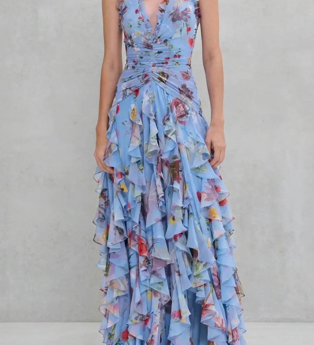 Belladina | Romantic Cascading Rose Maxi Dress with American Neckline