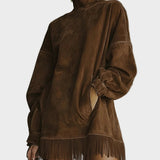 Suede Dress with Roll Neck and Fringes