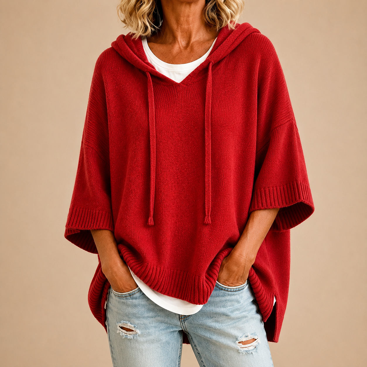 Women's hooded knit poncho - Soft and practical