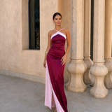 Satin long dress with crossover neckline
