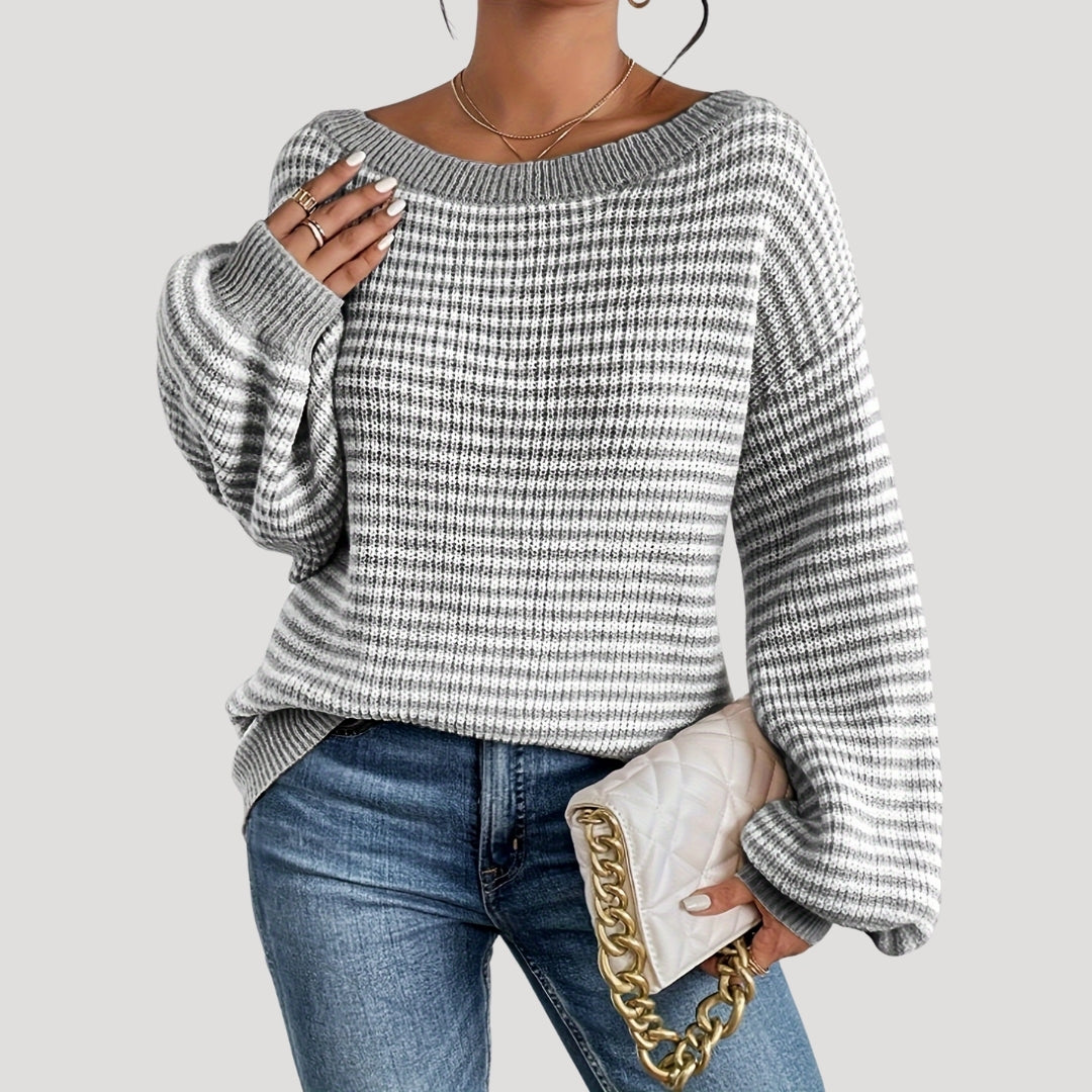 Elegant Women's Striped Sweater with Boat Neck – Loose Knit