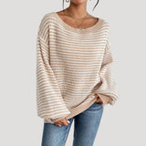 Elegant Women's Striped Sweater with Boat Neck – Loose Knit