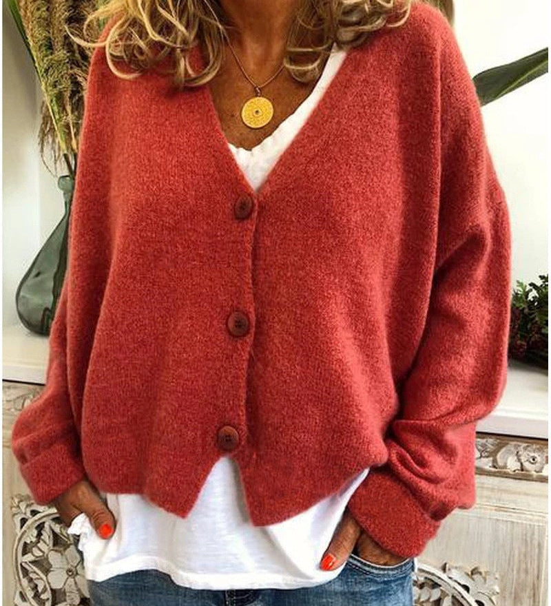 Women's Knitted Cardigan with Buttons, V-Neck, Soft and Elegant
