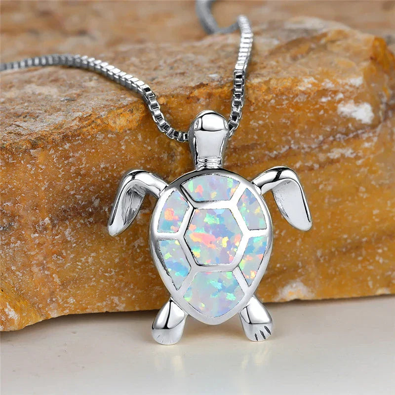 Vintage Green Fire Opal Turtle Pendant Necklace
