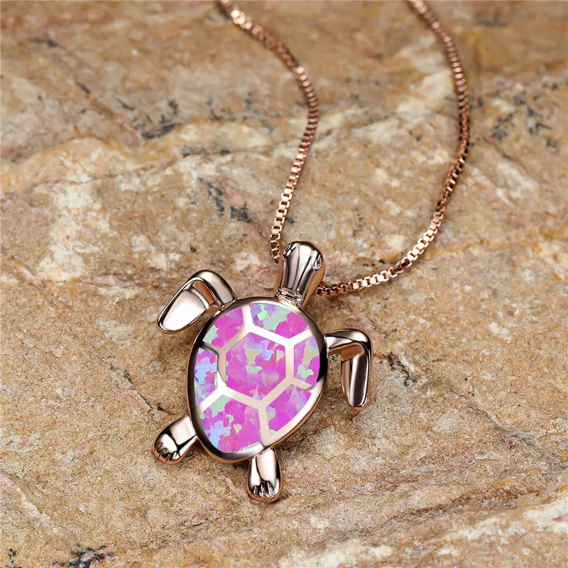 Vintage Green Fire Opal Turtle Pendant Necklace