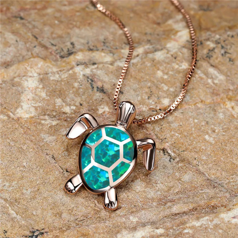 Vintage Green Fire Opal Turtle Pendant Necklace