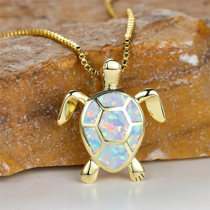 Vintage Green Fire Opal Turtle Pendant Necklace