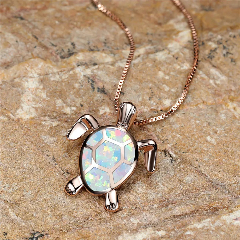 Vintage Green Fire Opal Turtle Pendant Necklace
