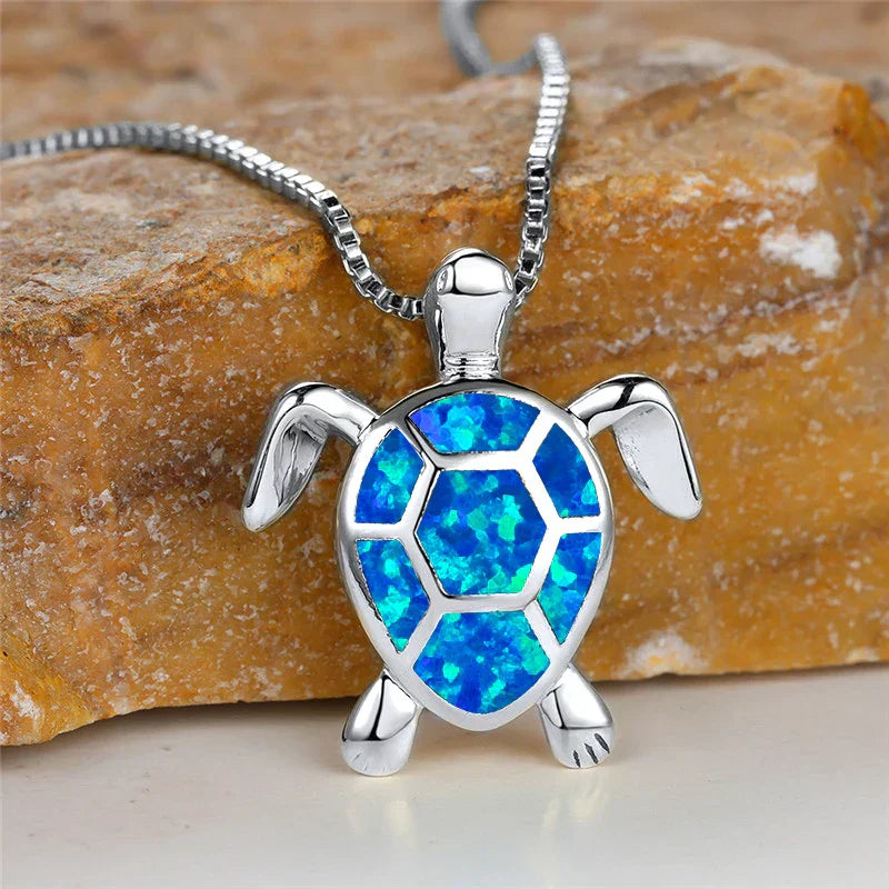 Vintage Green Fire Opal Turtle Pendant Necklace