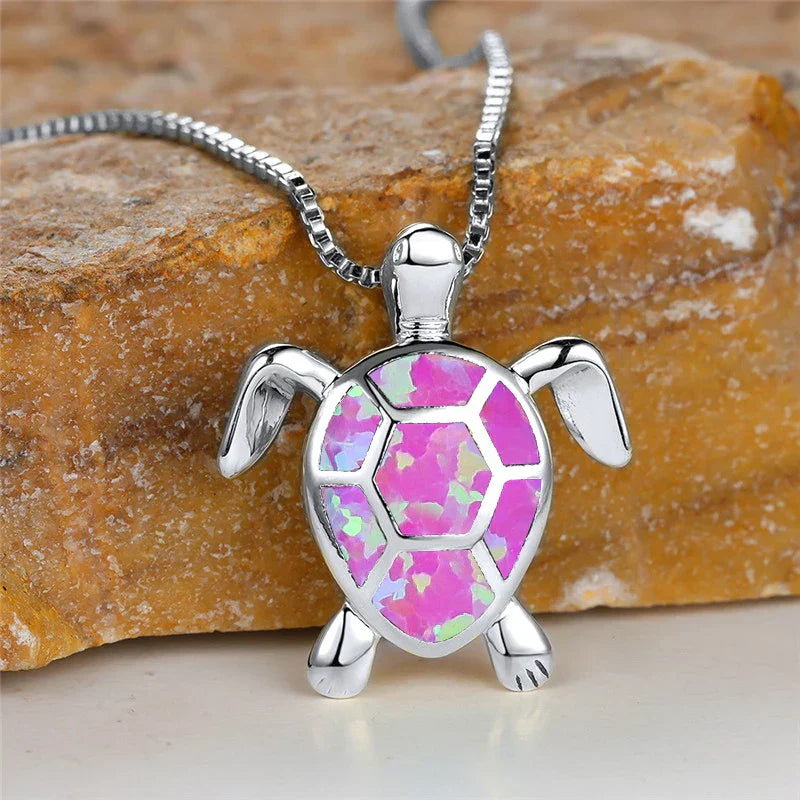 Vintage Green Fire Opal Turtle Pendant Necklace