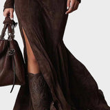 Adrianna - Brown Suede Effect Maxi Dress with Belt and Zip