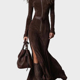 Adrianna - Brown Suede Effect Maxi Dress with Belt and Zip