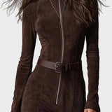 Adrianna - Brown Suede Effect Maxi Dress with Belt and Zip