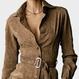 Midi suede dress with long sleeves and tie collar