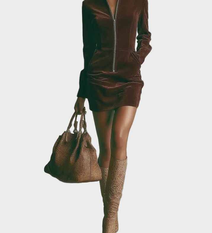 Brown suede mini dress with high collar and zip fastening