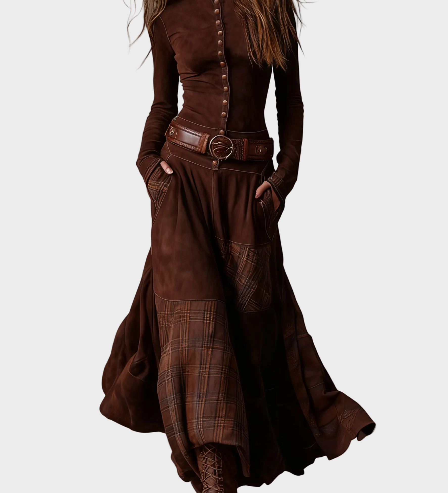 Helena - Navy blue suede-effect maxi dress with belt