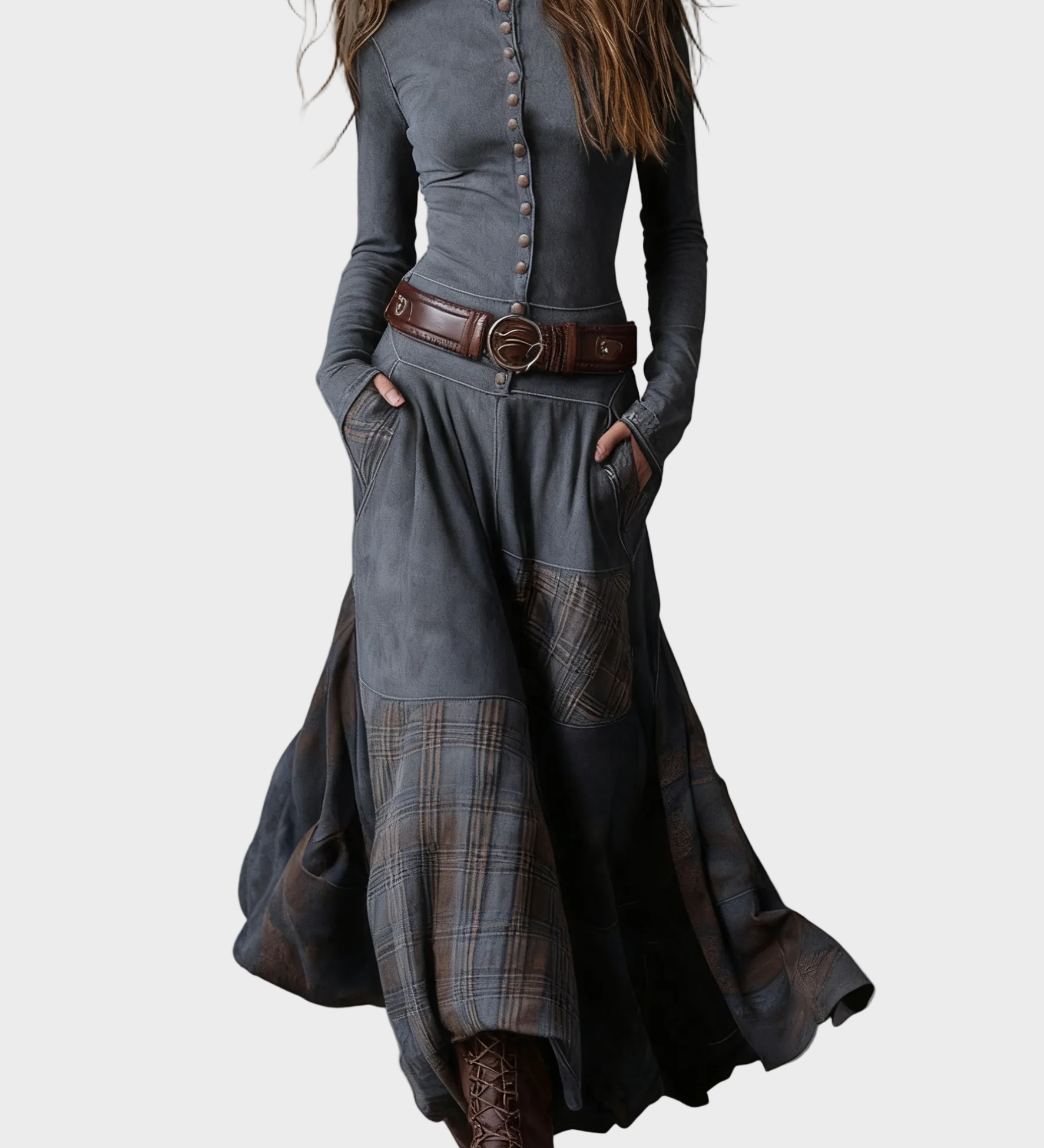 Helena - Navy blue suede-effect maxi dress with belt