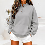 Casual button-up women's sweatshirt with a stand collar - Loose and comfortable
