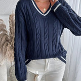 Women's Striped Cable-Knit V-Neck Sweater – Soft and Comfortable