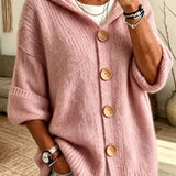 Women's Solid Colour Hooded Cardigan – Casual Long Sleeve Sweater with Buttons