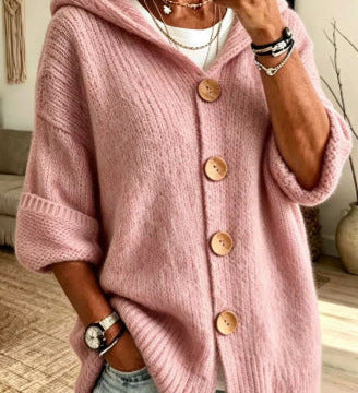 Women's Solid Colour Hooded Cardigan – Casual Long Sleeve Sweater with Buttons