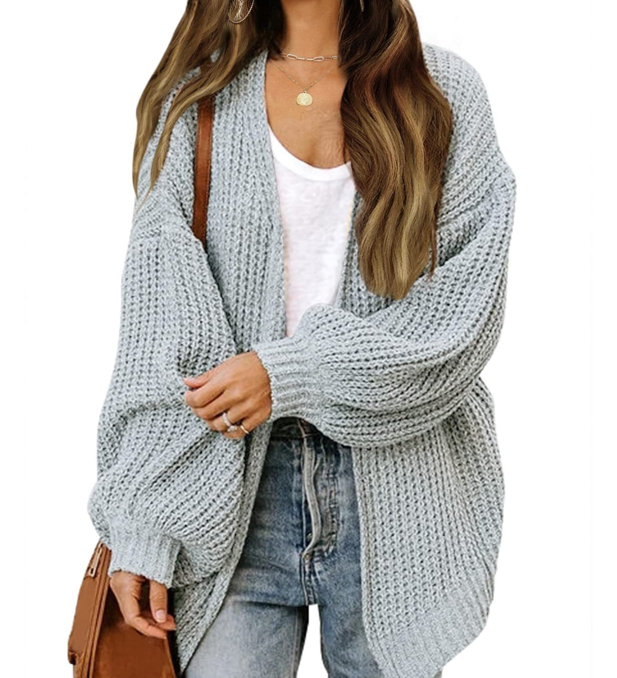Women's Chunky Knit Cardigan – Oversized Wrap Style with Lantern Sleeves