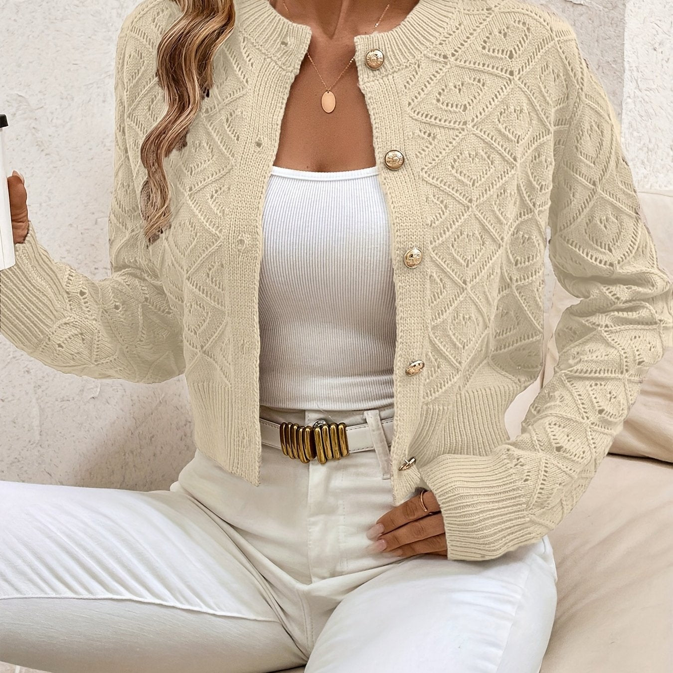 Women's Buttoned Openwork Cardigan - Elegant and Lightweight