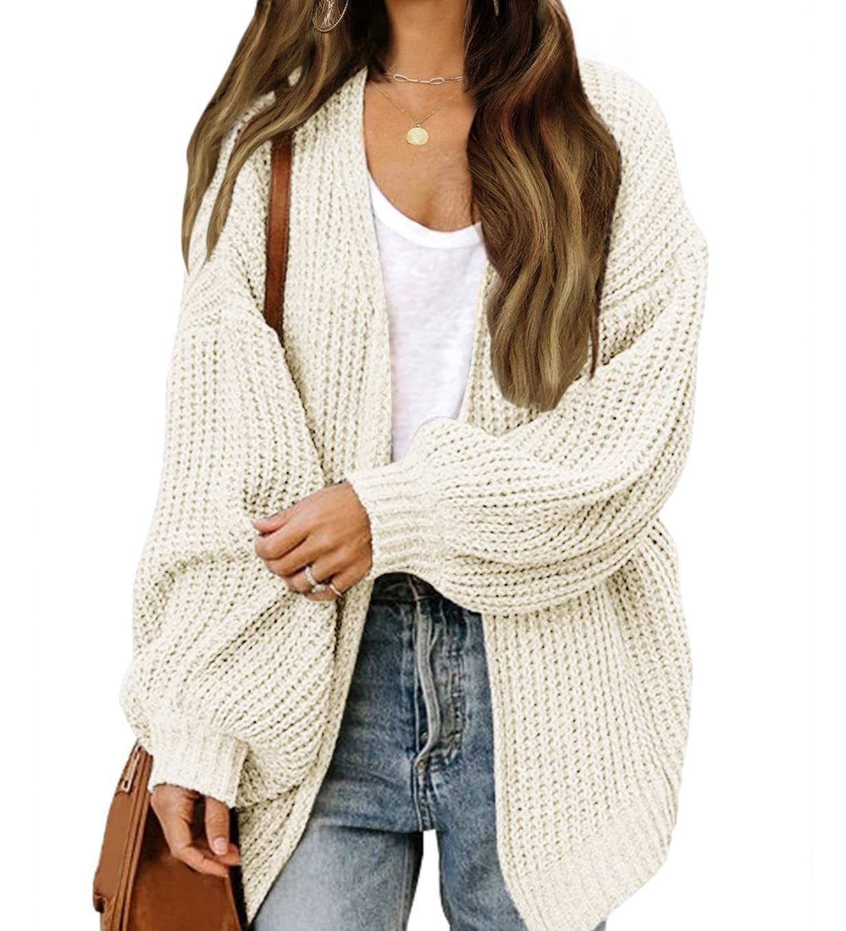 Women's Chunky Knit Cardigan – Oversized Wrap Style with Lantern Sleeves