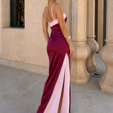 Satin long dress with crossover neckline