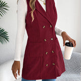Women's Long Solid Colour Corduroy Gilet Jacket – Casual Double-Breasted Design with Pockets, Ideal for Layered Looks