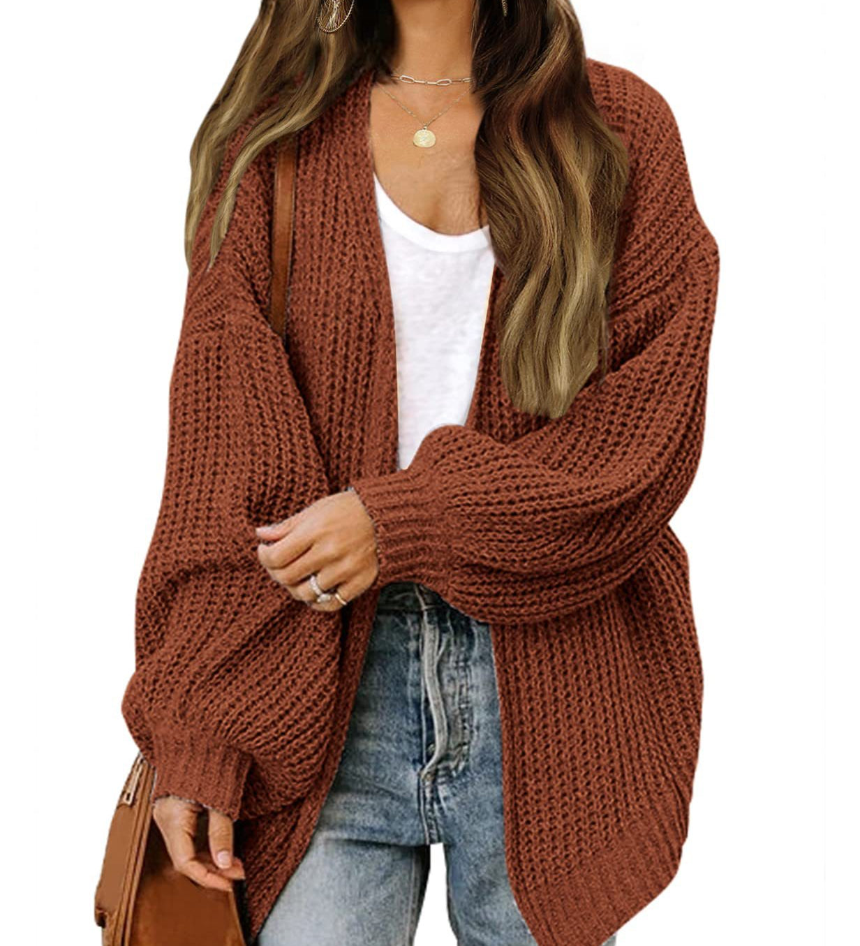 Women's chunky knit coatigan – Comfortable oversized style with lantern sleeves