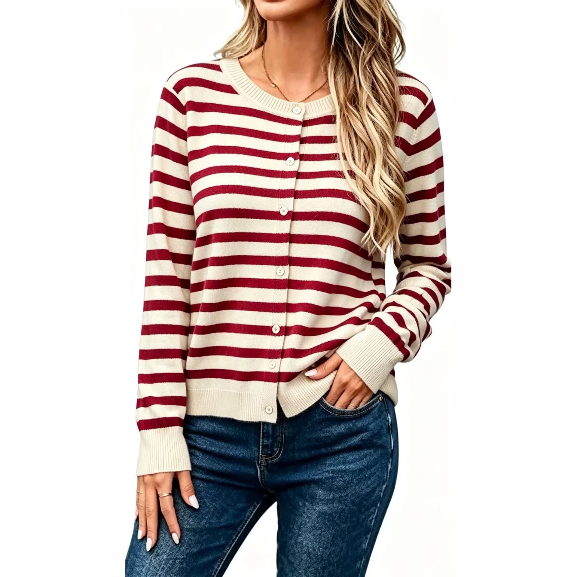 Women's Long-Sleeve Striped Knit Cardigan – Relaxed Fit, Casual and Comfortable Style