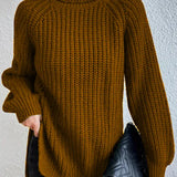 Turtleneck sweater for women with raglan sleeves and split hem