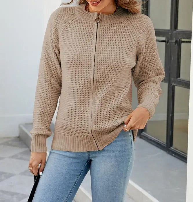 Women's solid-colour zip-up long-sleeve cardigan - Simple and comfortable
