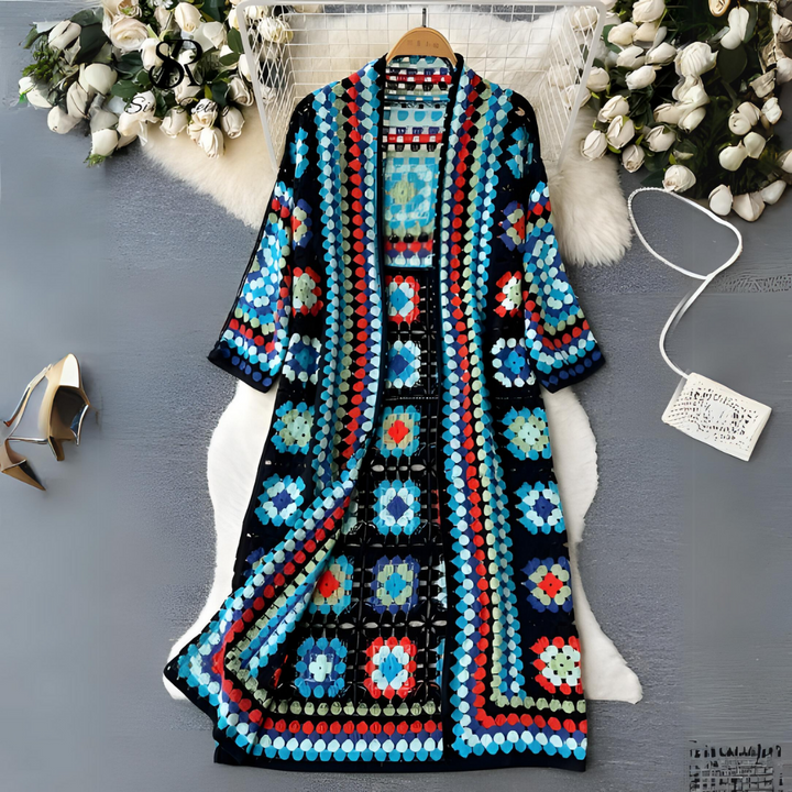 Elegant long coloured cardigan for women - Open knit