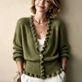 Women's cardigan with V-neck and frill hem - Soft and feminine
