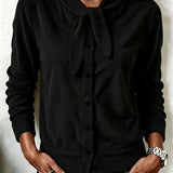 Women's button-front sweater with velvet bow - Soft and refined