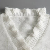 Elegant white sweater with V-neck for women – Ruffle details