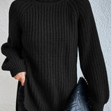 Turtleneck sweater for women with raglan sleeves and split hem